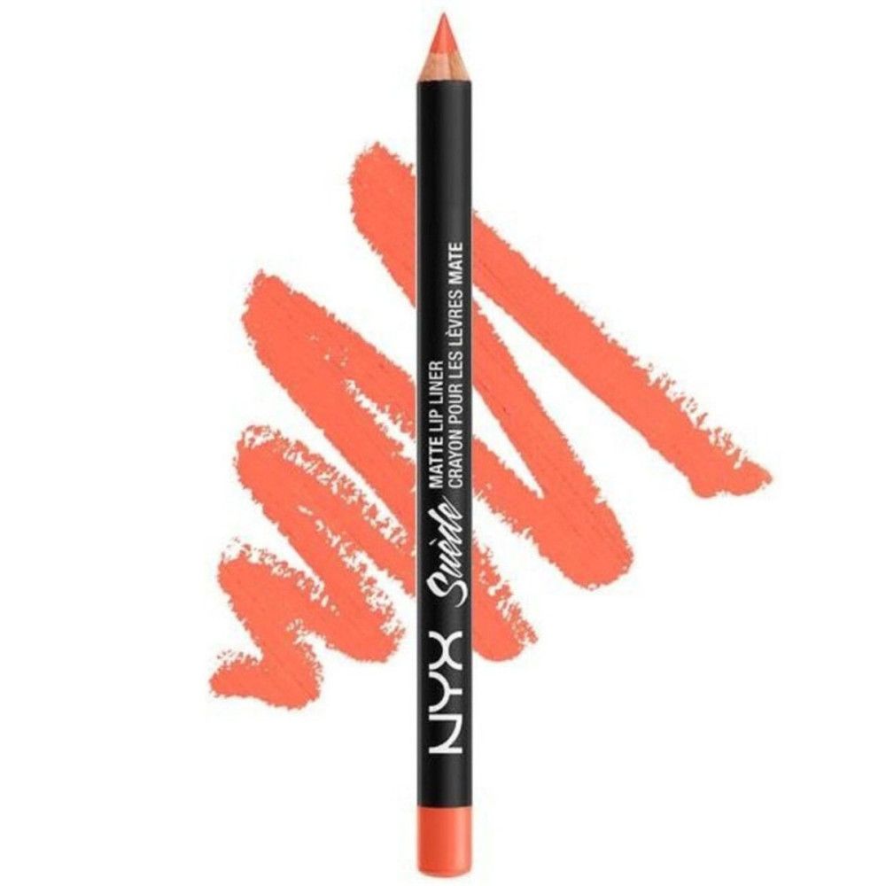 Oranje liplinerpotlood met zwarte schacht. Opschrift: NYX Suede Matte Lip Liner. Kleurstreep ernaast.