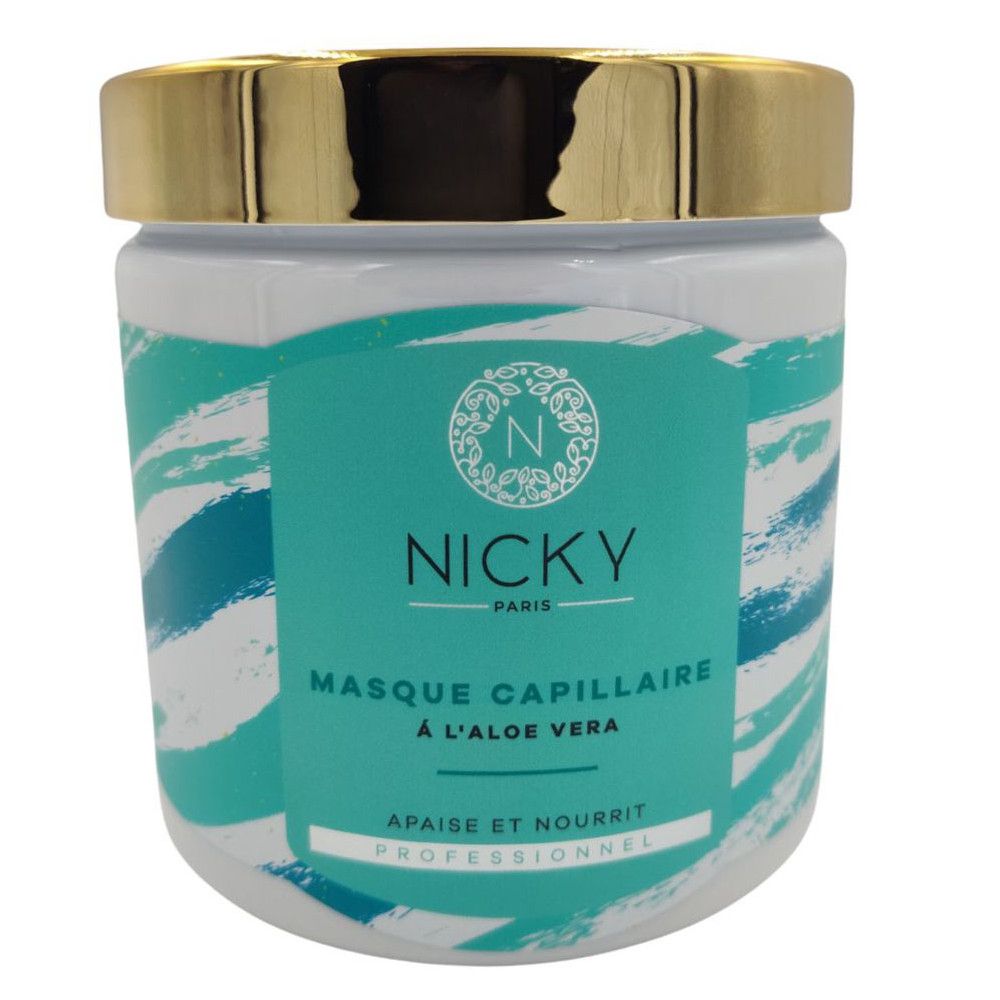 Pot de masque capillaire blanc avec couvercle doré. Étiquette turquoise avec logo et texte: Masque Capillaire à l'Aloe Vera.