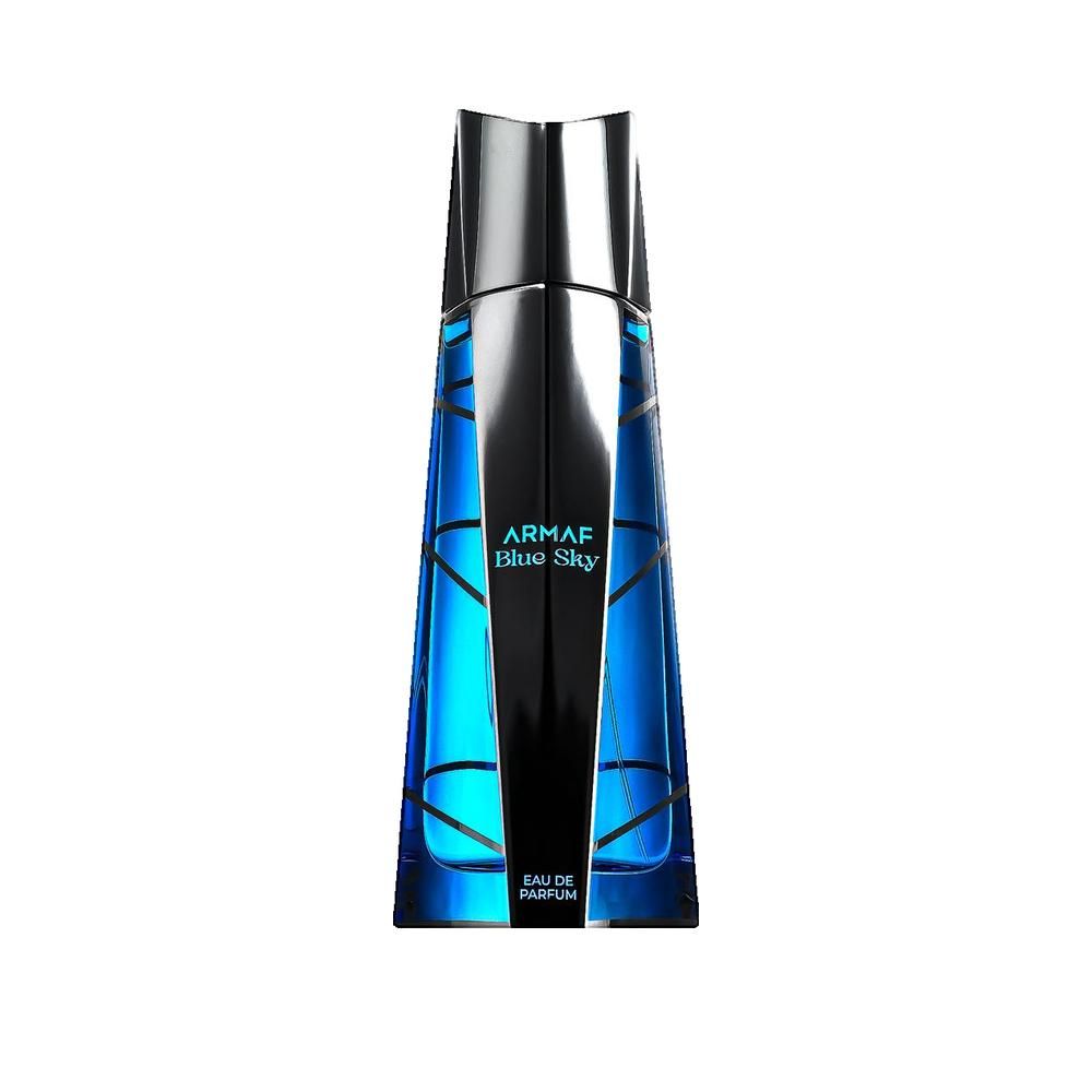 Blauwe fles met zilveren dop. Tekst: Armaf Blue Sky, Eau de Parfum.