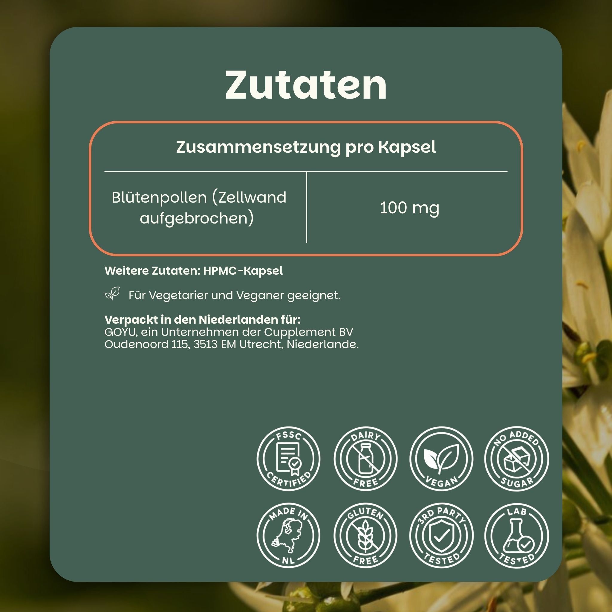 Ingrediënten: 100 mg bijenpollen (gebroken celwand) per capsule. HPMC-capsule. Vegan.