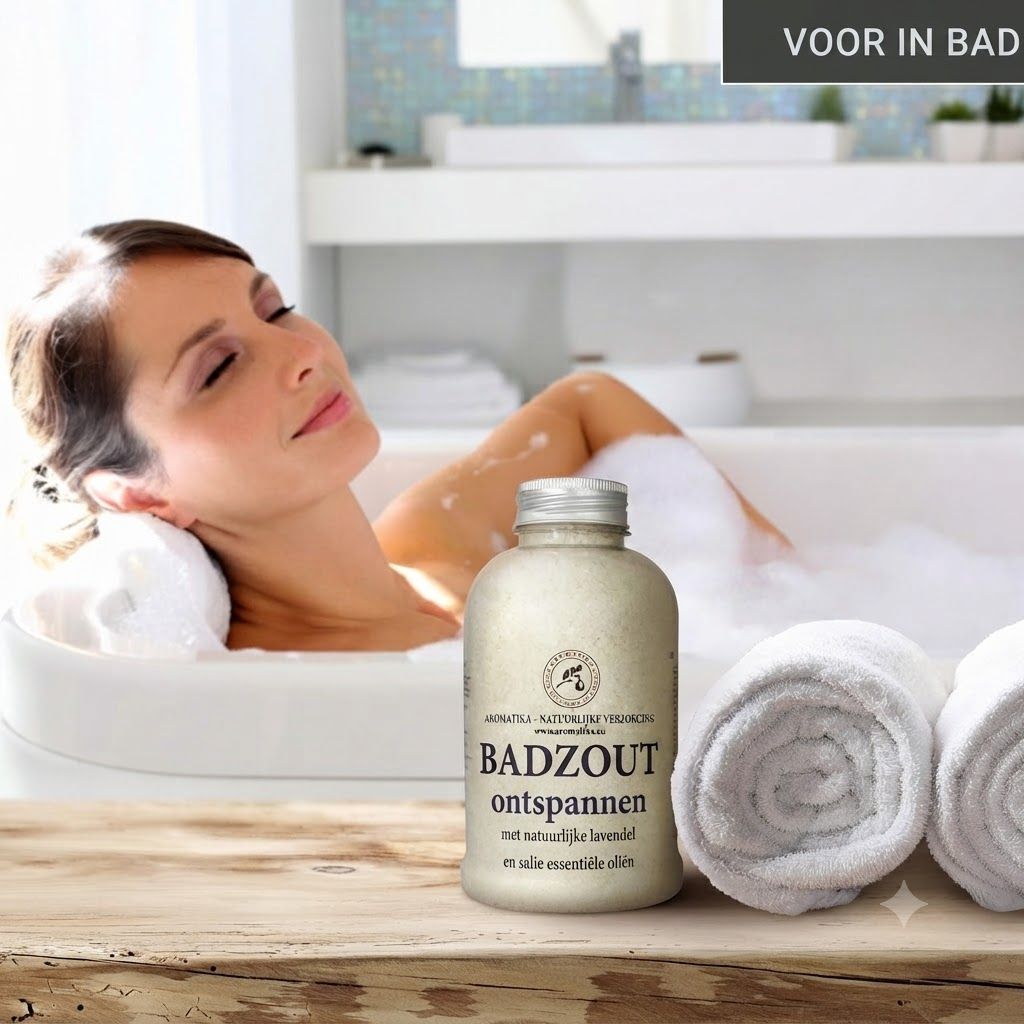 Fles badzout met lavendel en essentiële oliën. Op het etiket staat "BADZOUT ontspannen".
