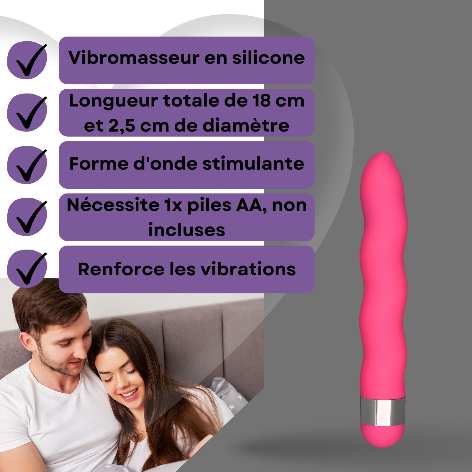 Vibromasseur rose. Surface ondulée. Longueur 18 cm, diamètre 2,5 cm. En silicone et ABS. Nécessite une pile AA.