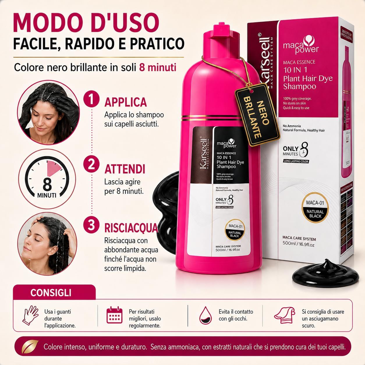 KARSEELL Shampooing Colorant Noir – Couverture rapide des Cheveux Blancs