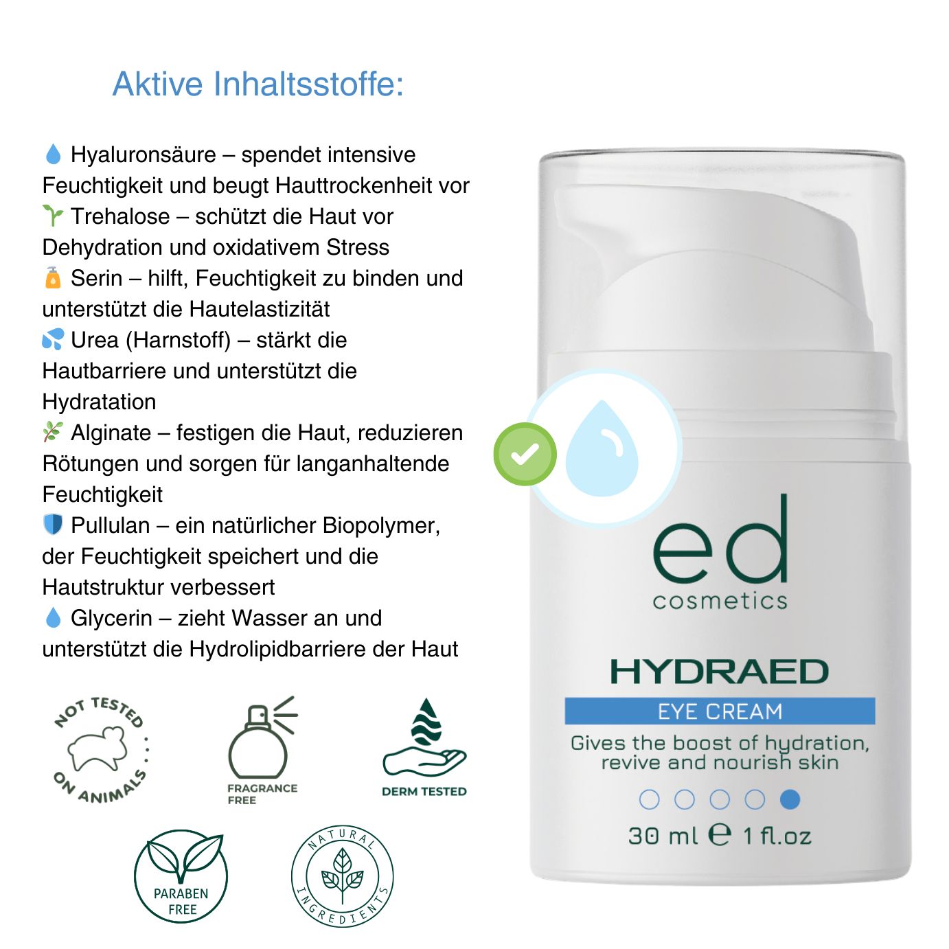 Witte oogcrèmefles met pomp. Tekst: "ed cosmetics HYDRAED EYE CREAM". Ingrediëntenlijst.