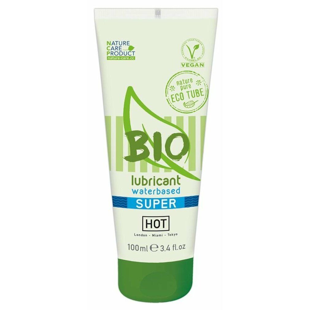 HOT Bio Super glijmiddel tube, waterbasis, met 'Eco Tube' aanduiding en Vegan-keurmerk.