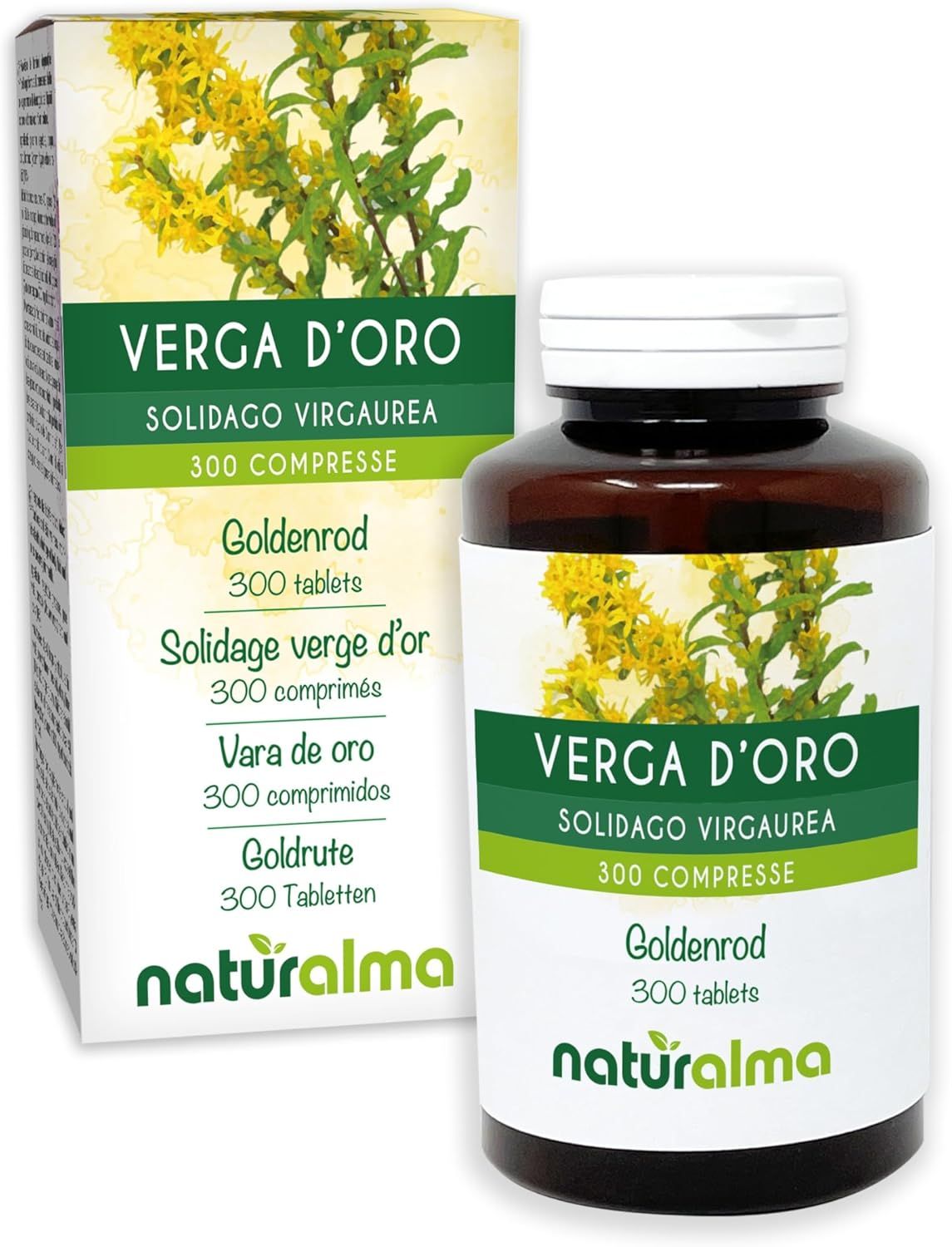 Verpakking en flesje Guldenroede tabletten, Naturalma logo, productnaam.
