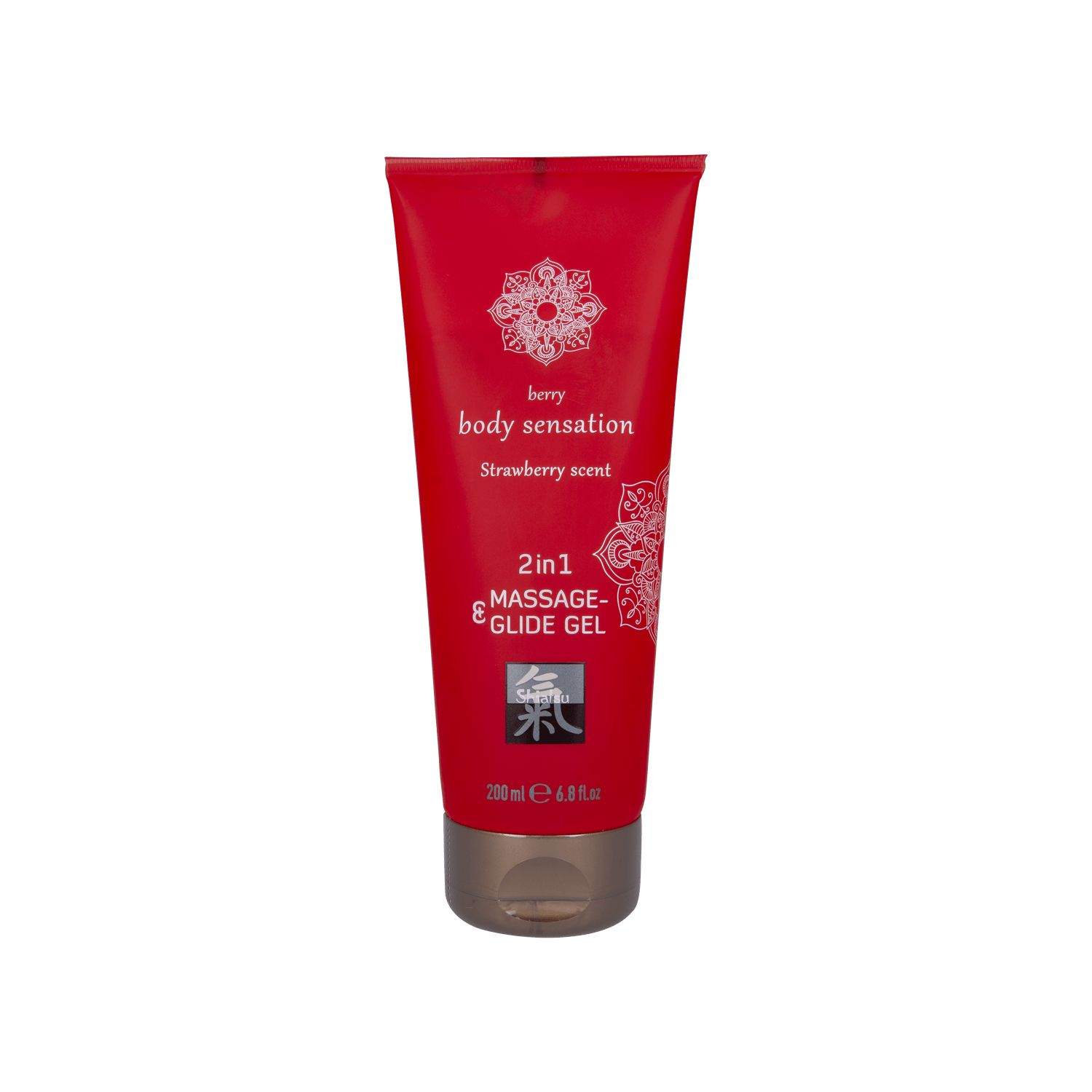 Tube rouge de gel 2 en 1 pour massage et glisse, parfum fraise. 200ml.