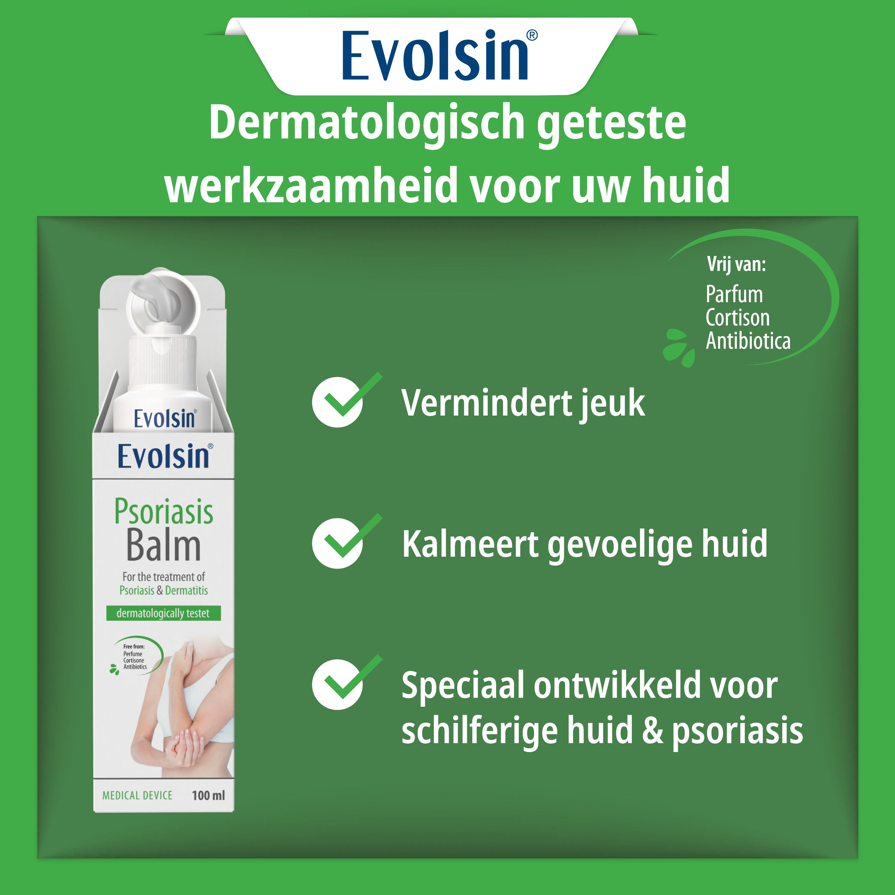Witte fles Evolsin Psoriasis Balsam. Kalmeert geïrriteerde huid, vermindert jeuk. 100 ml.