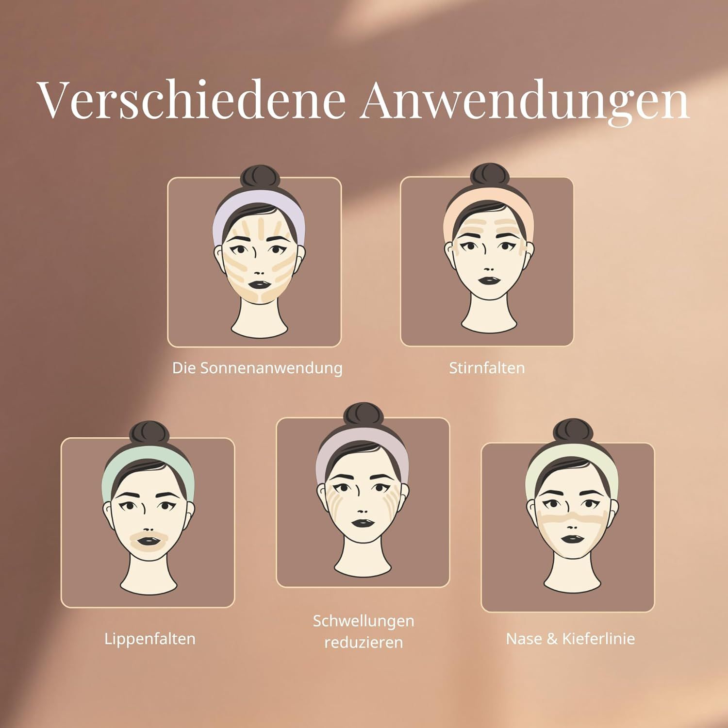 Illustraties van verschillende Kinesio Tape toepassingen op het gezicht: zon, fronsrimpels, liprimpels, zwellingen, neus/kaaklijn.