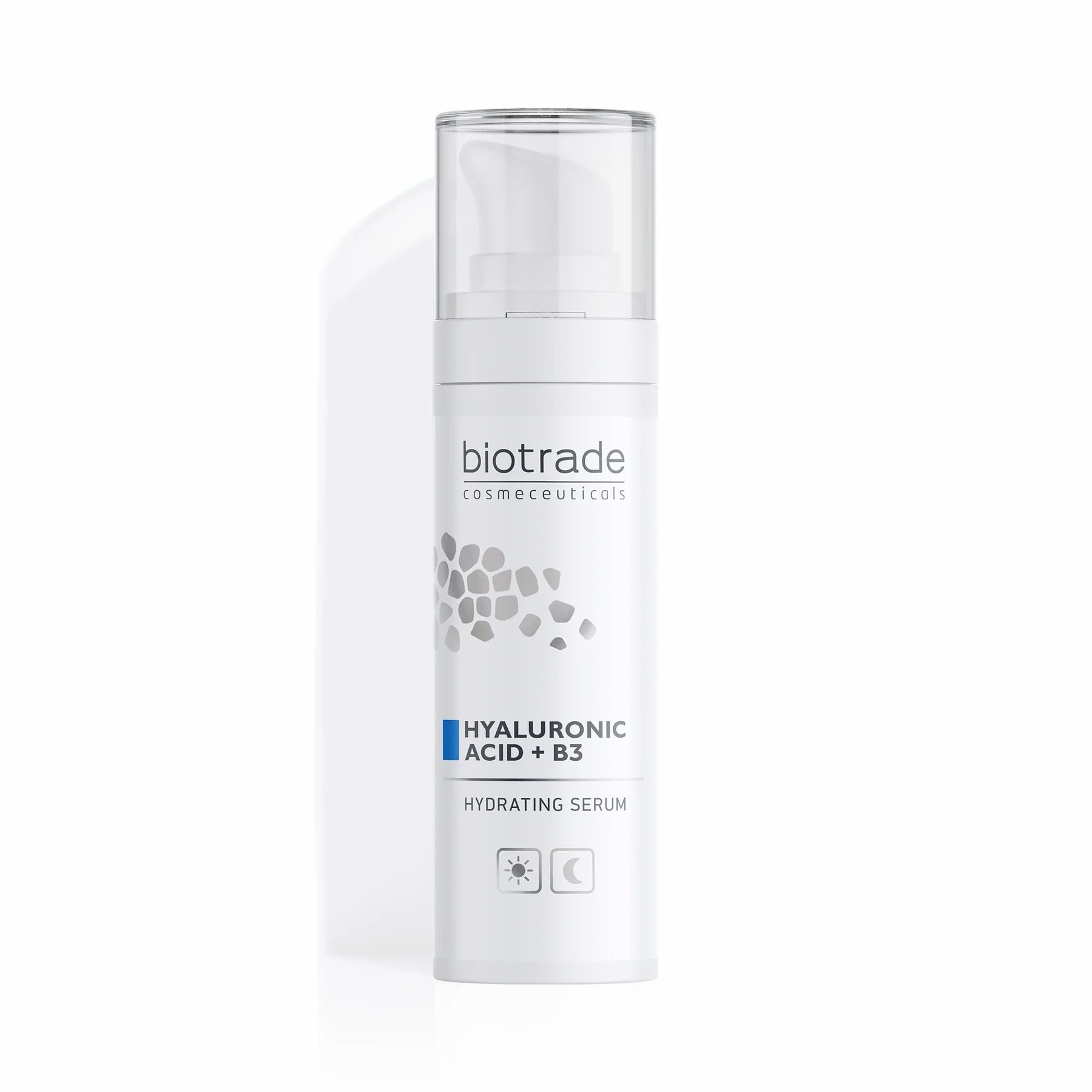 Sérum blanc avec pompe. Texte: Acide Hyaluronique + B3, Hydrating Serum. Avec symboles jour et nuit. Logo Biotrade.