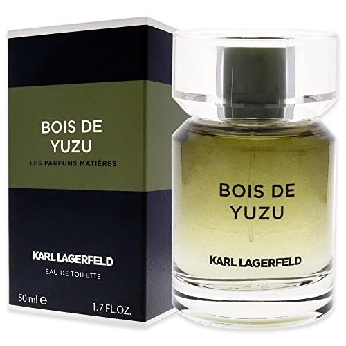 Fles en verpakking van Karl Lagerfeld Bois de Yuzu. Zwarte verpakking met groene accenten. Opschrift Bois de Yuzu en Karl Lagerfeld.