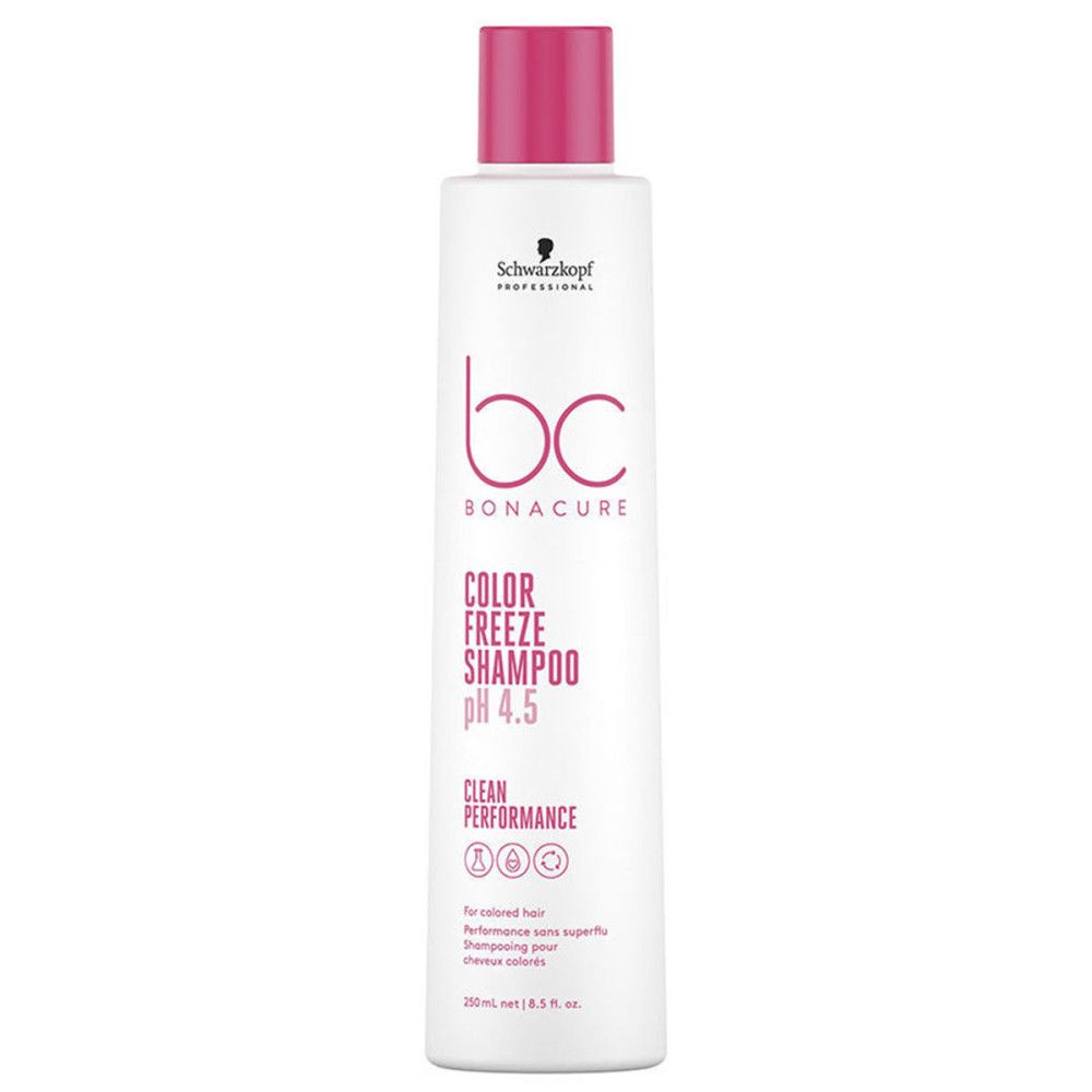Flacon de shampooing blanc avec bouchon rose. Inscription : bc BONACURE COLOR FREEZE SHAMPOO pH 4.5. Produit professionnel.