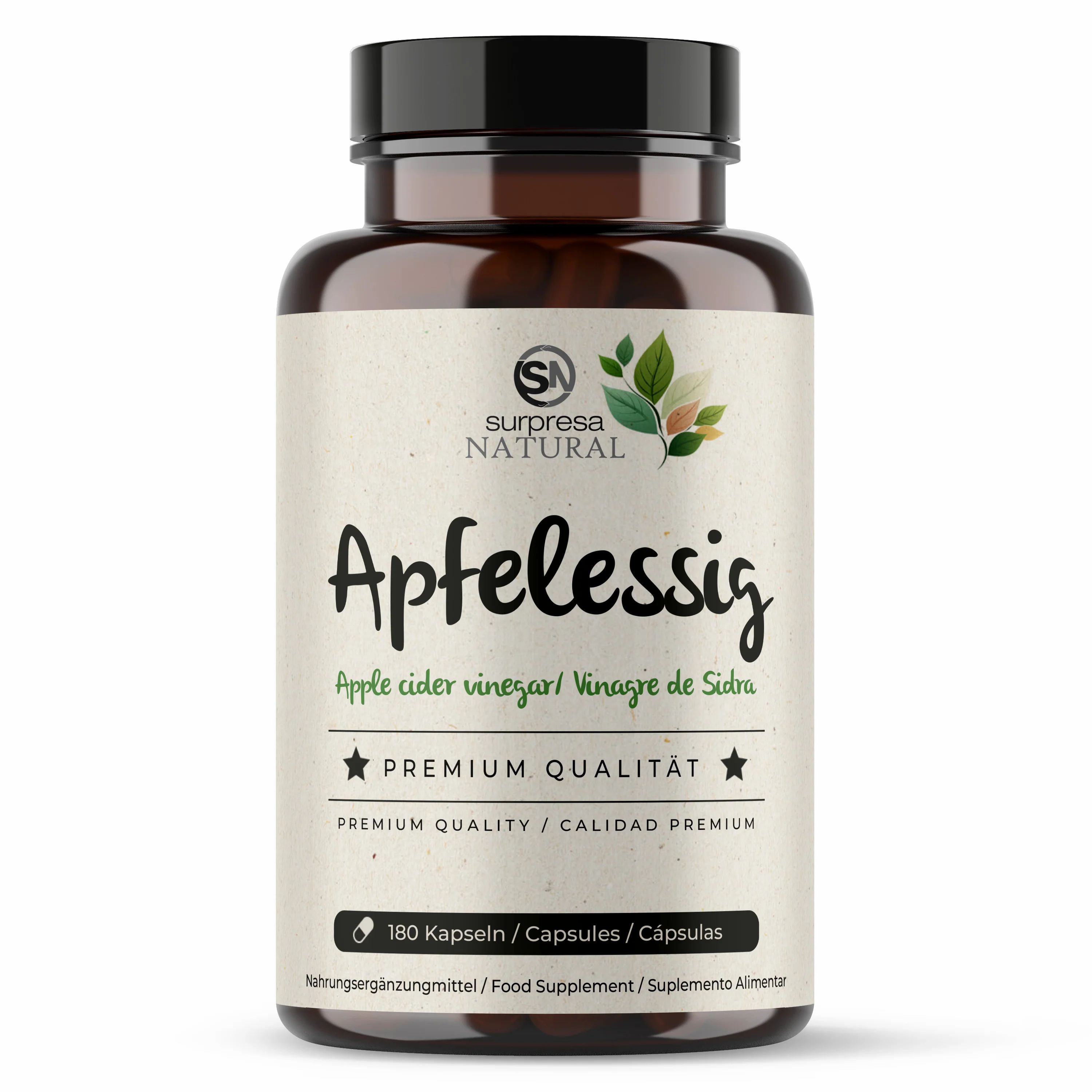 Bruine fles met zwarte dop. Opschrift: Appelazijn. 180 capsules. Voedingssupplement.