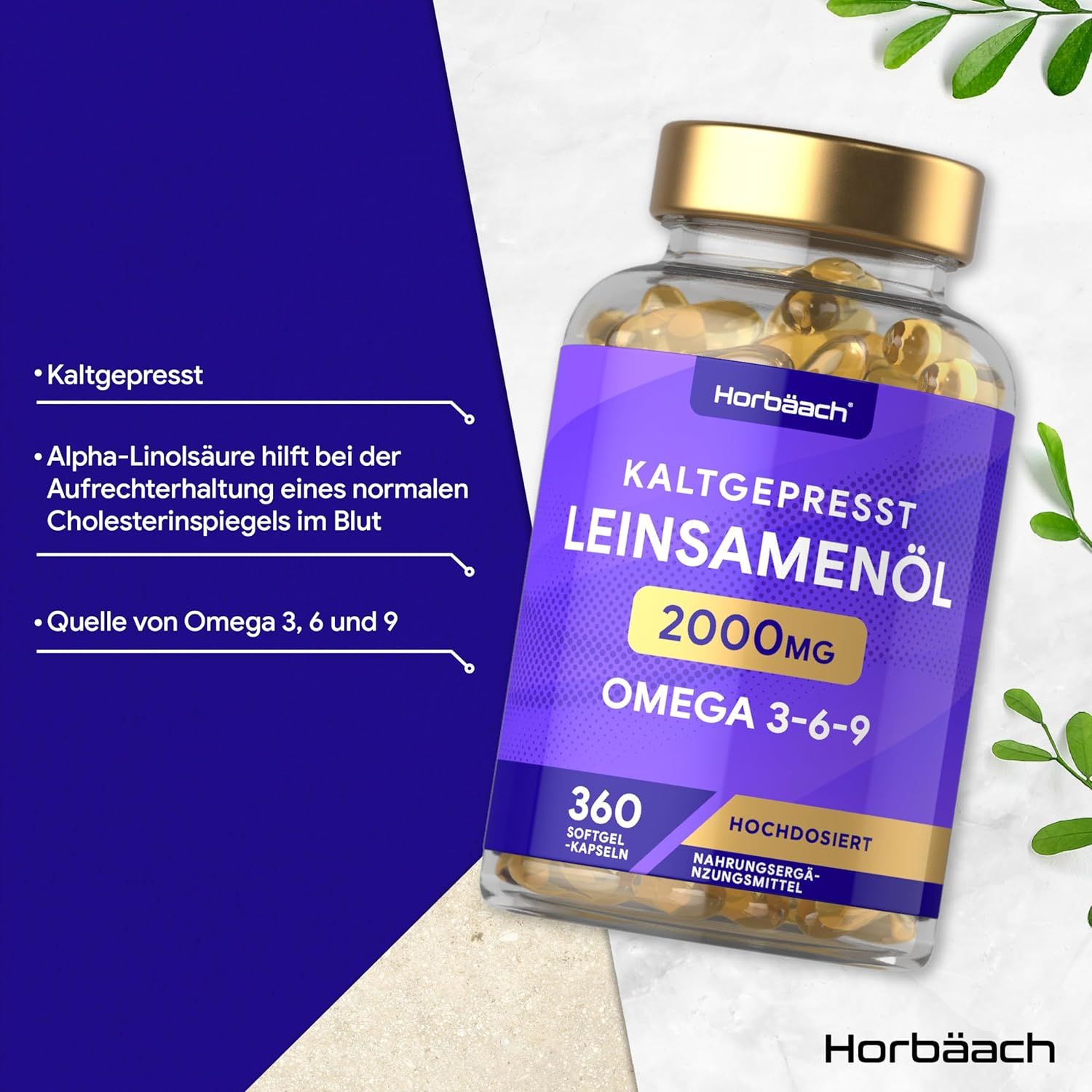 Flesje capsules. Opschrift: Koudgeperste lijnzaadolie 2000mg Omega 3-6-9. 360 softgel capsules. Blauwe achtergrond.