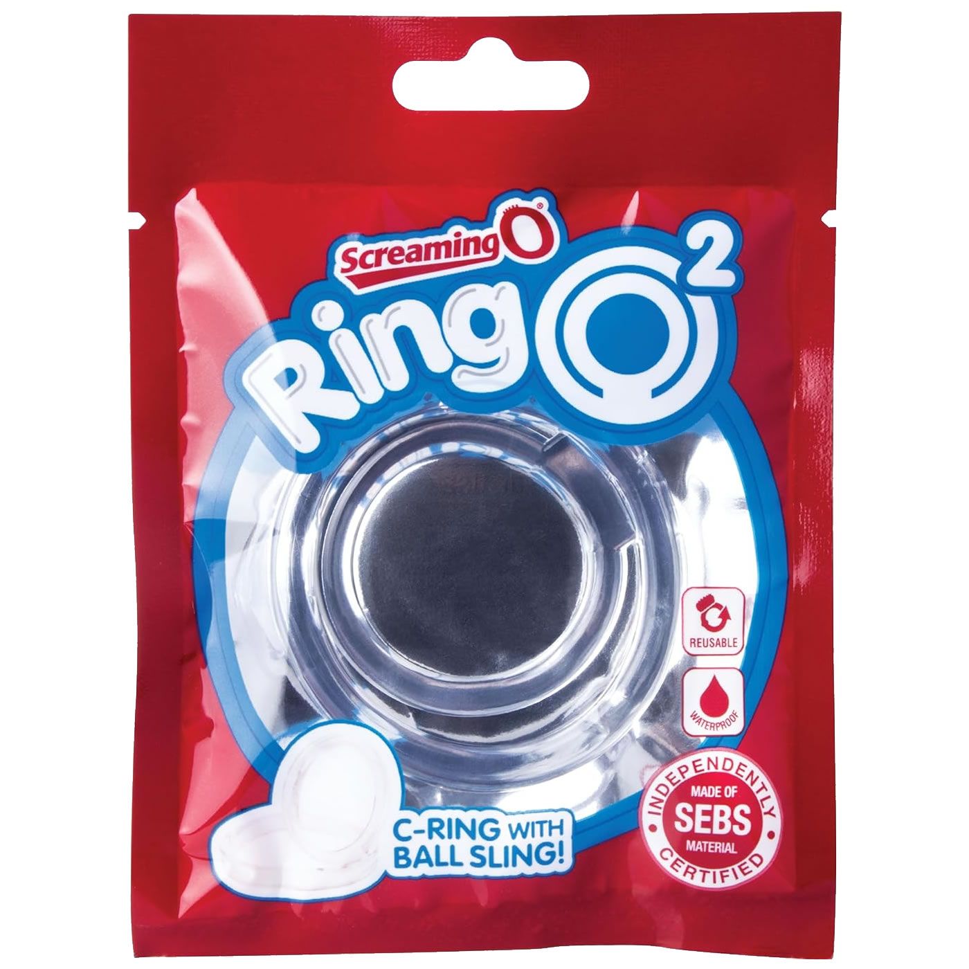 Anneau O² transparent dans un emballage rouge. Avec C-Ring et Ball Sling. Réutilisable. Certifié SEBS.