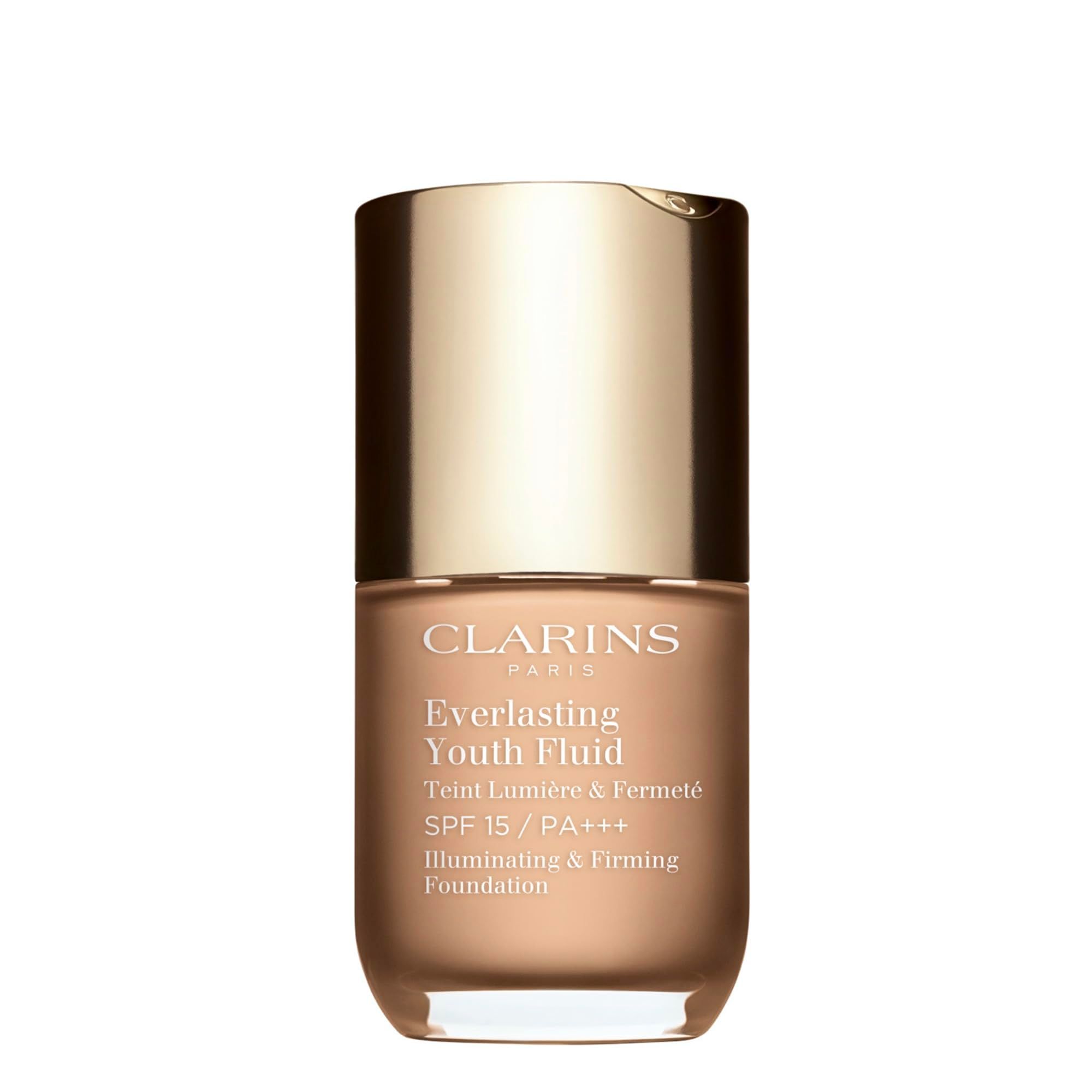 Flacon de fond de teint. Bouchon doré, contenant transparent. Inscription: Clarins, Everlasting Youth Fluid, SPF 15/PA+++.