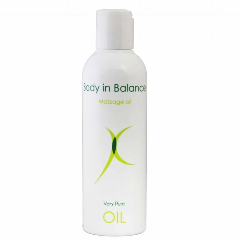 Bouteille blanche d'huile de massage, étiquette avec inscription verte et logo.