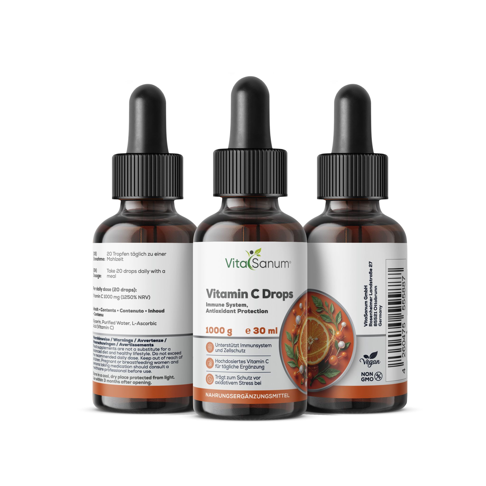 Drie bruine glazen flessen met druppeldop, elk bevat 30 ml vitamine C druppels.