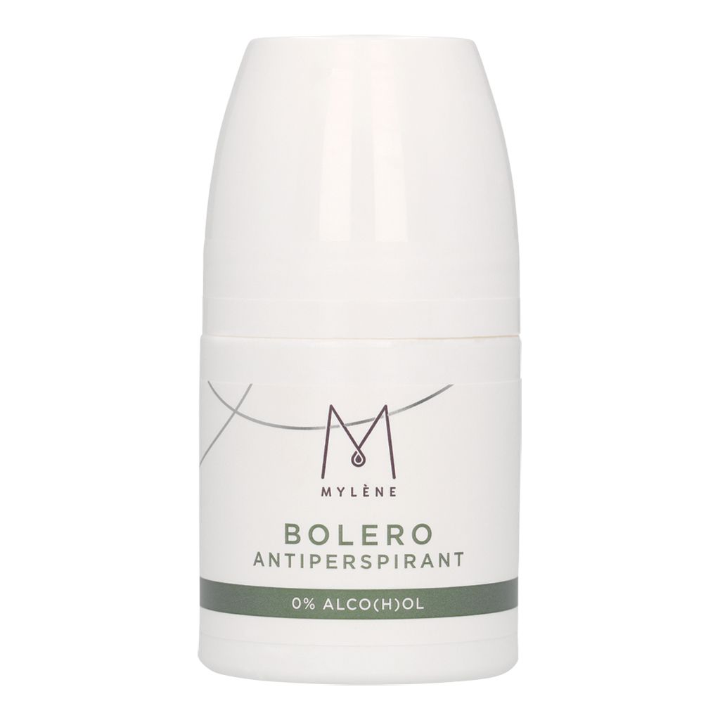 Witte deodorantroller. Opschrift: Mylène, Bolero, Antitranspirant, 0% ALCO(H)OL. Groene streep.