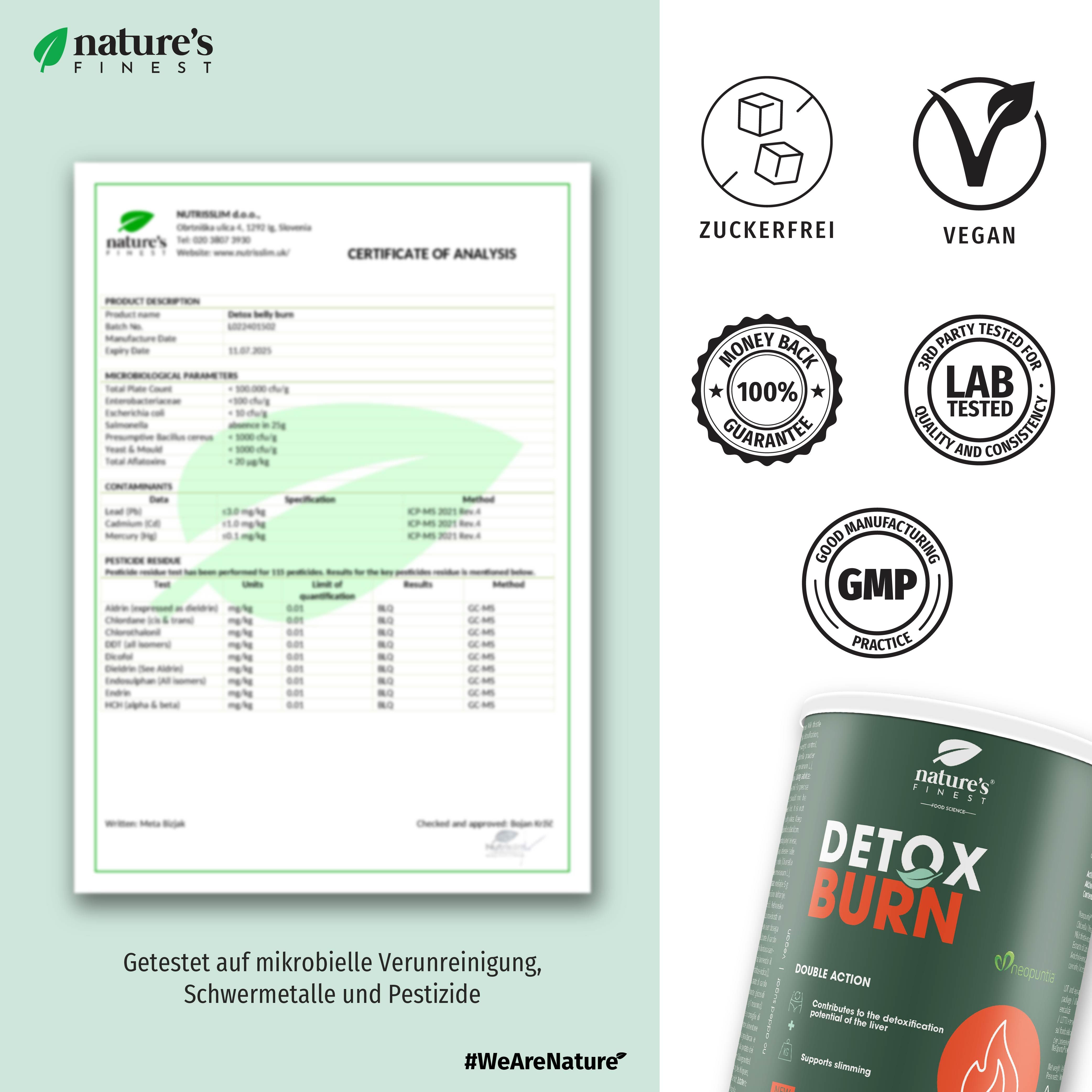 Certificaten en groene pot 'Detox Burn' met 125g. Met logo's.