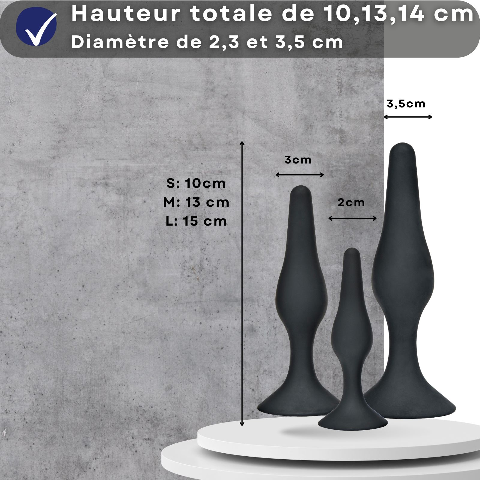 Ensemble de 3 plugs anaux noirs en silicone. Tailles : 10, 13, 15 cm. Diamètres : 2, 3, 3,5 cm.