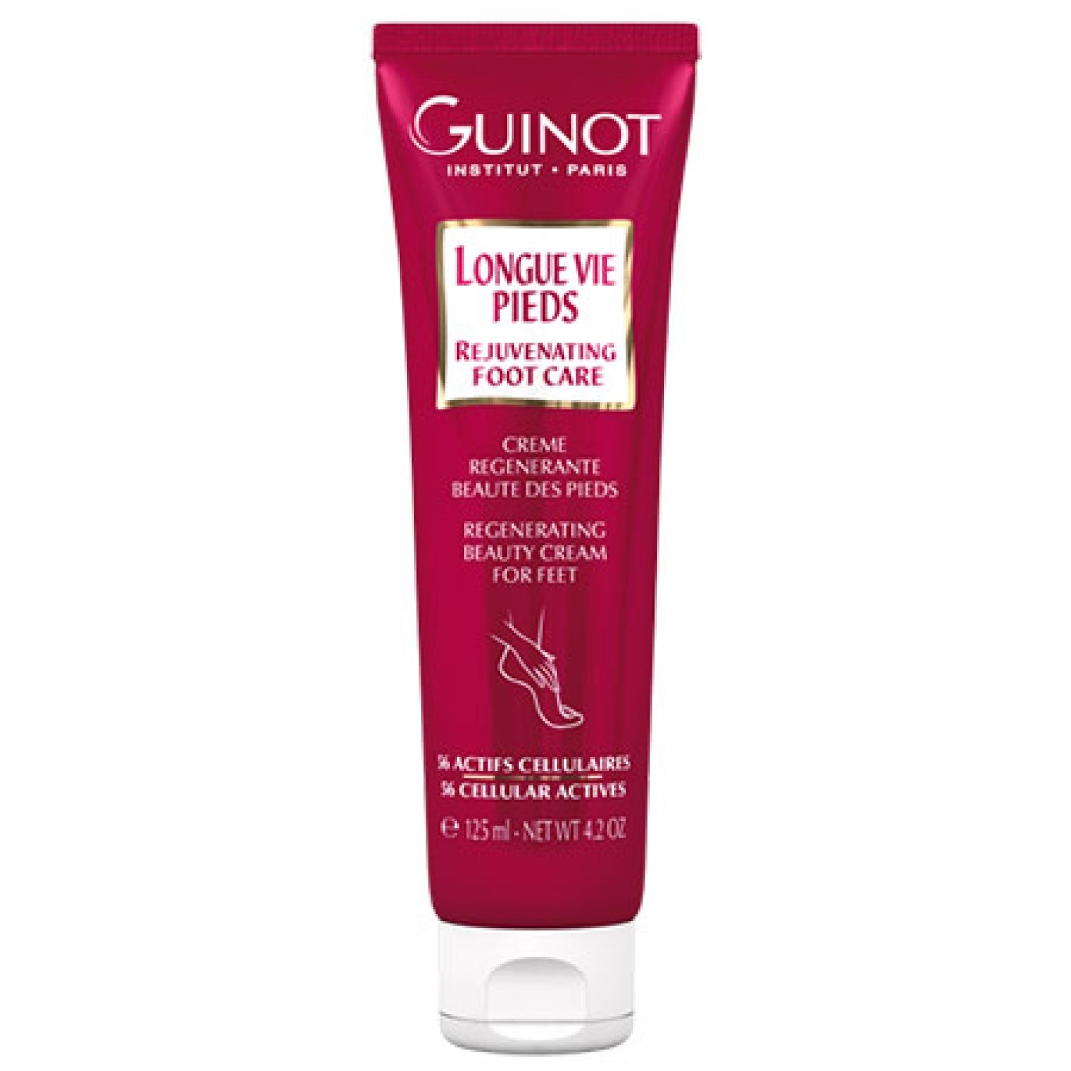 Tube rouge Guinot Longue Vie Pieds. Inscription: Rejuvenating Foot Care. Contient 125 ml. Bouchon blanc. Logo Guinot.