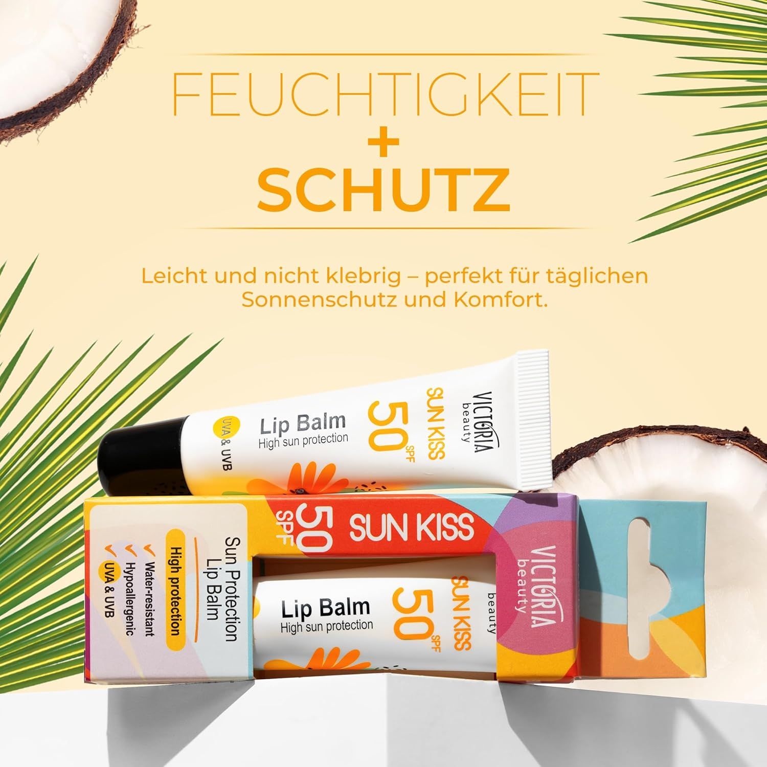Baume à lèvres Victoria Beauty Sun Kiss LSF 50. Tube et emballage. Texte: Hydratation + protection, SPF 50, résistant à l'eau, hypoallergénique.
