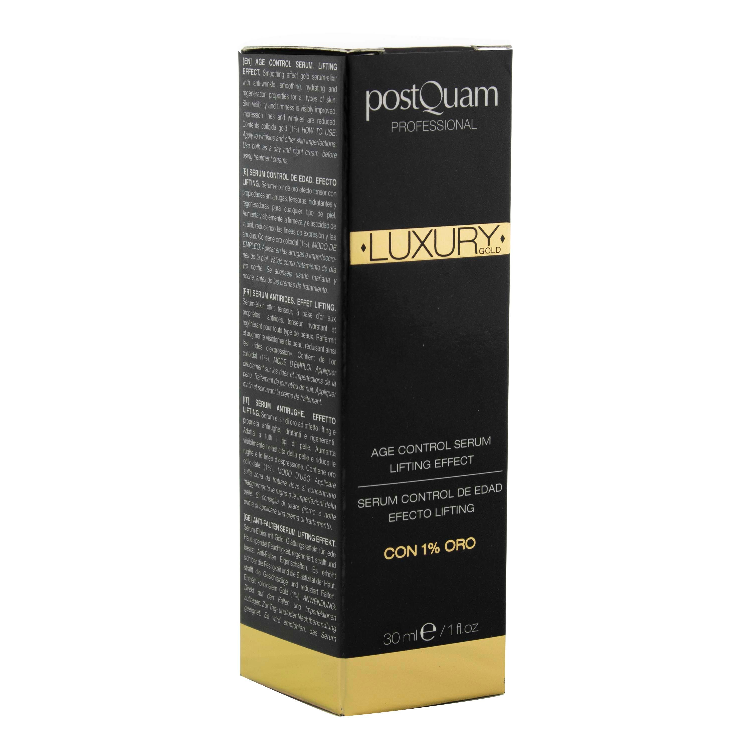 Emballage noir avec détails dorés. Inscriptions: Postquam, Luxury, Age Control Serum, avec 1% d'or.