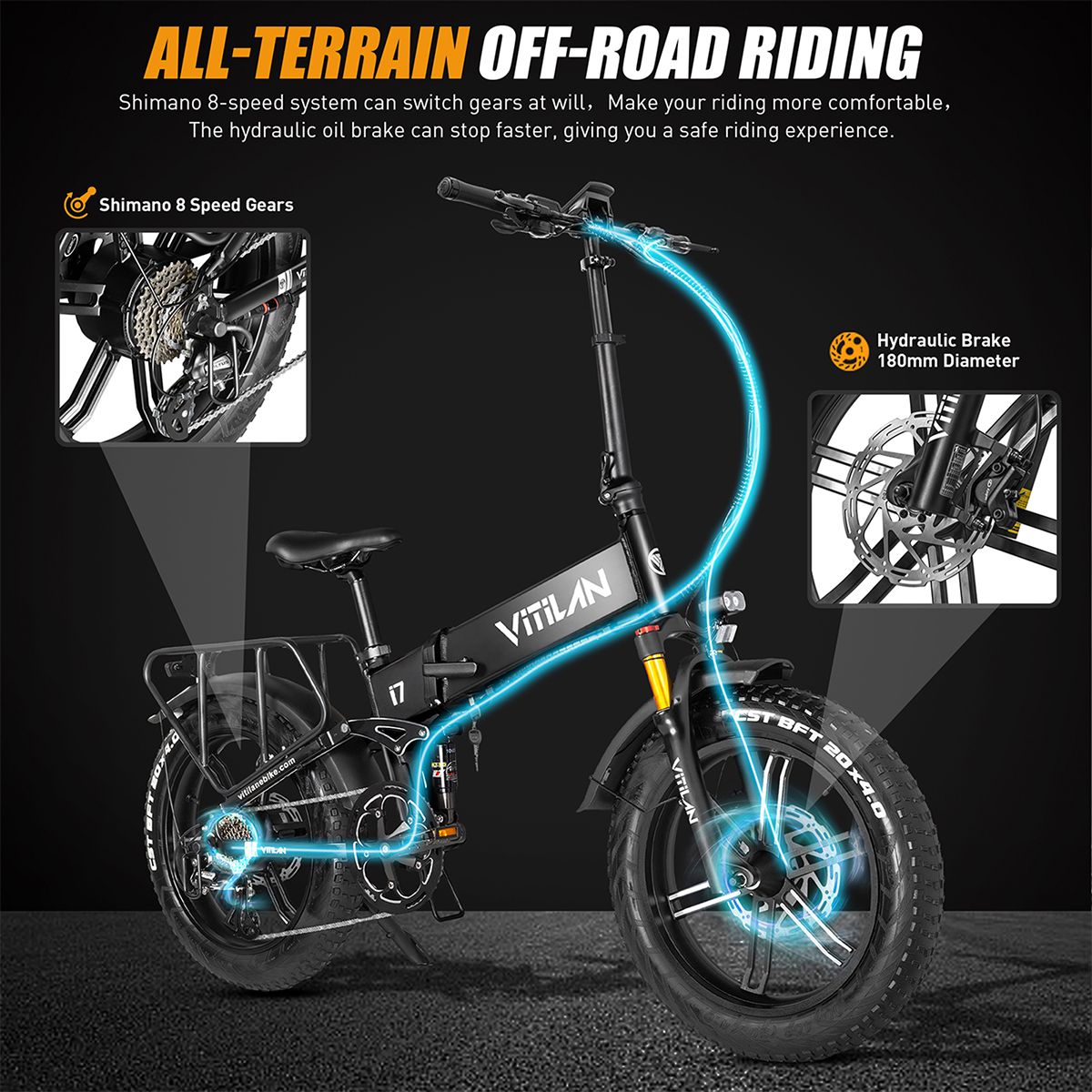 Vélo électrique VITILAN i7 avec composants mis en évidence : changement de vitesse à 8 rapports, frein hydraulique.