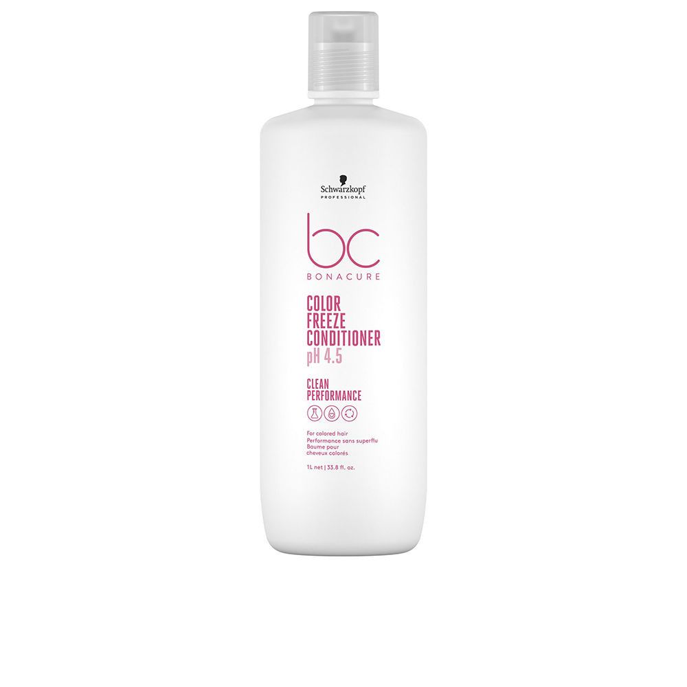 Witte fles "COLOR FREEZE CONDITIONER". Tekst: "CLEAN PERFORMANCE". Merk Schwarzkopf BC Bonacure.
