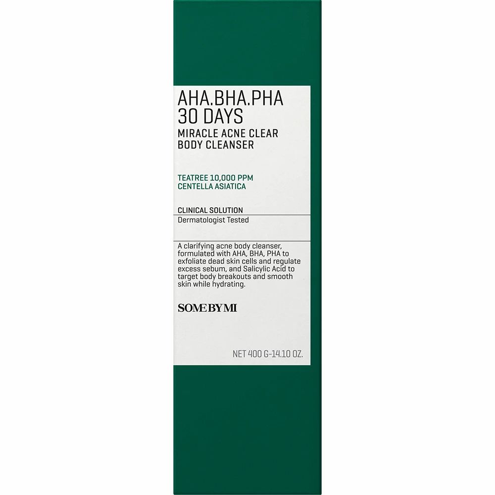 Emballage vert avec étiquette blanche. Inscription : AHA.BHA.PHA 30 DAYS MIRACLE ACNE CLEAR BODY CLEANSER. Avec arbre à thé et Centella Asiatica.