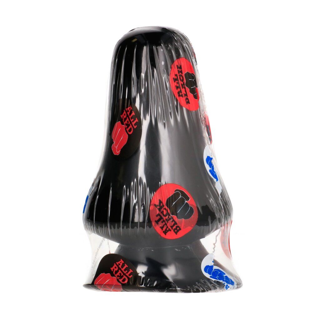 Objet noir en forme d'ampoule, emballé dans un film transparent avec des autocollants rouges et bleus.