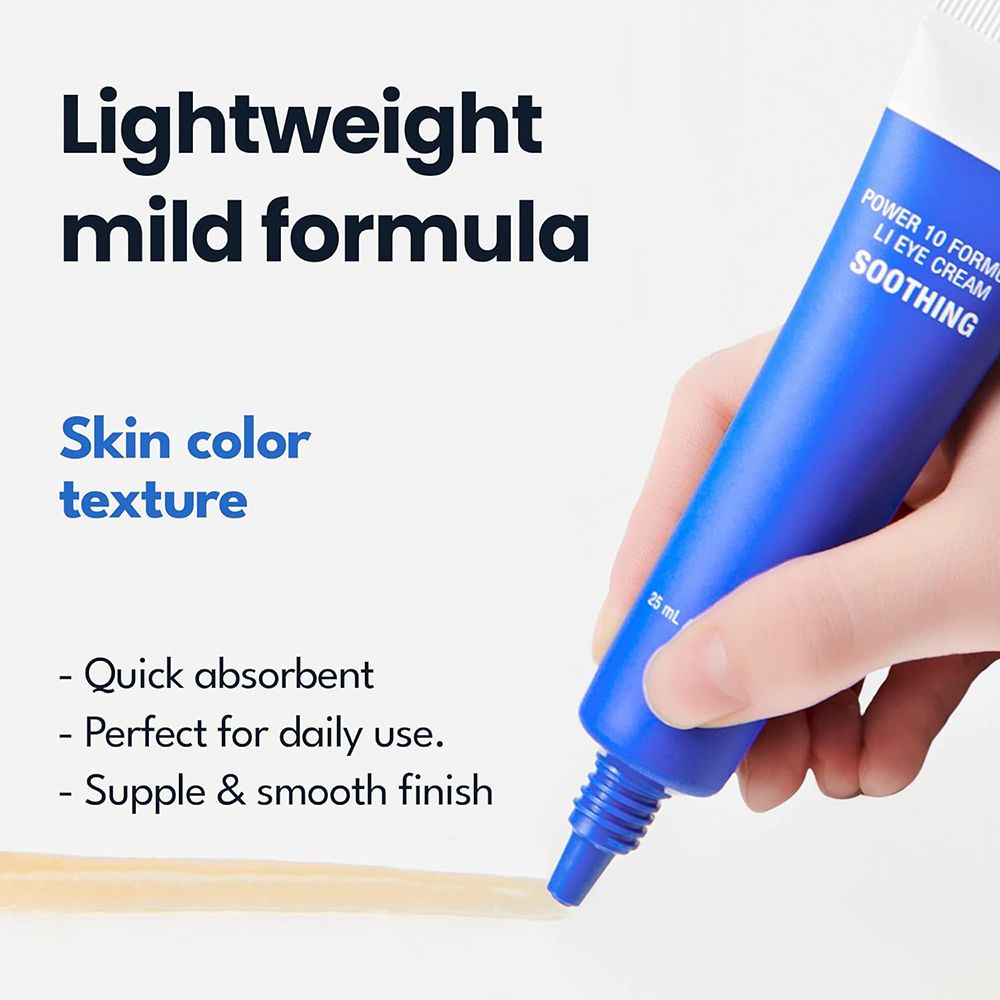 Tube bleu avec texte. Inscription : POWER 10 FORMULA LI EYE CREAM SOOTHING. Crème sur fond blanc.