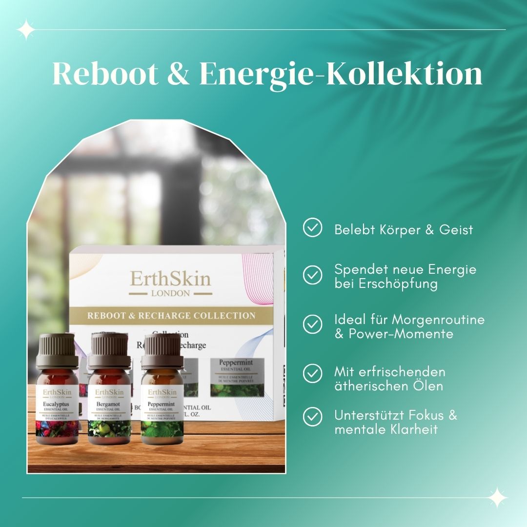Trois petites bouteilles d'huiles essentielles et un coffret. Le coffret porte la mention "ErthSkin London" et "Reboot & Recharge Collection". Texte: "Belebt Körper & Geist".