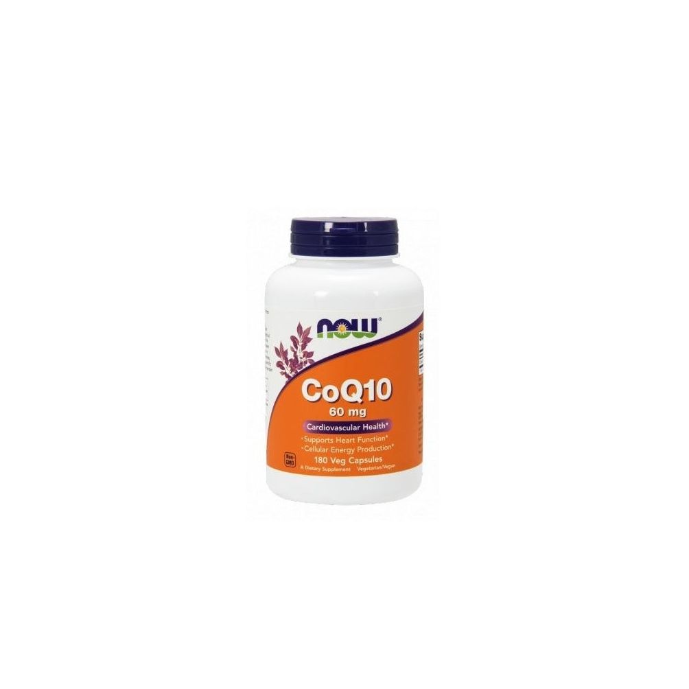 NOW CoQ10 60 mg capsules dans une bouteille blanche avec un bouchon bleu. Étiquette orange avec informations sur le produit.