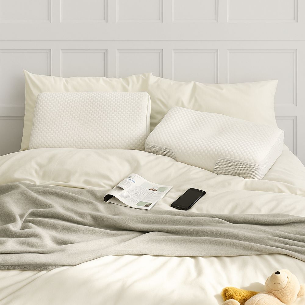 Twee witte ergonomische kussens op een bed. Een kussen op het hoofdkussen. Tijdschrift en telefoon ernaast.