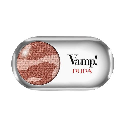 Marmerpoeder in roségoud en beige in een ovale, transparante verpakking met 'Vamp! PUPA' opschrift.