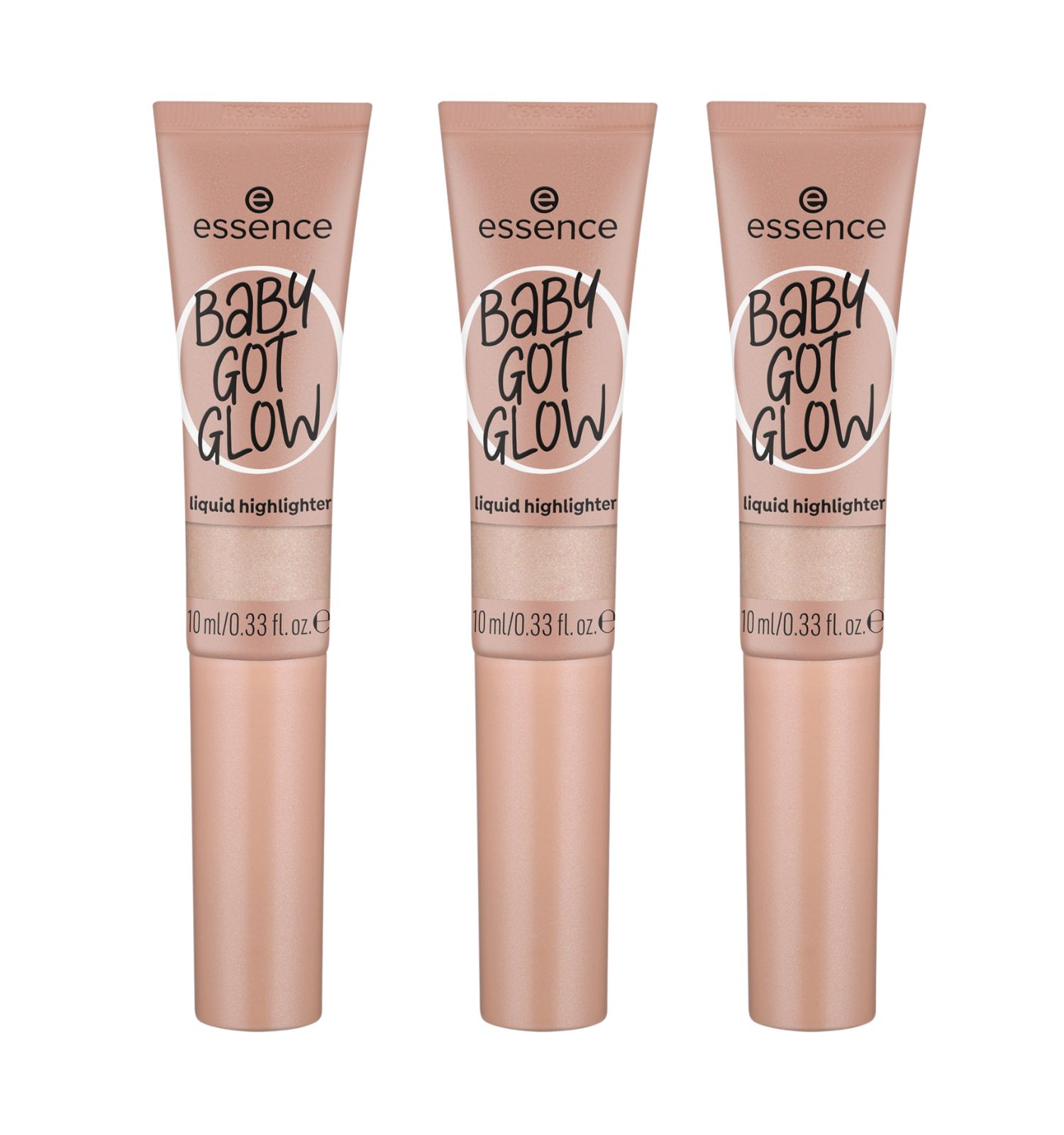 Drie tubes Essence BABY GOT GLOW Liquid Highlighter. Roze tube met zwarte tekst. 10 ml/0.33 fl. oz.
