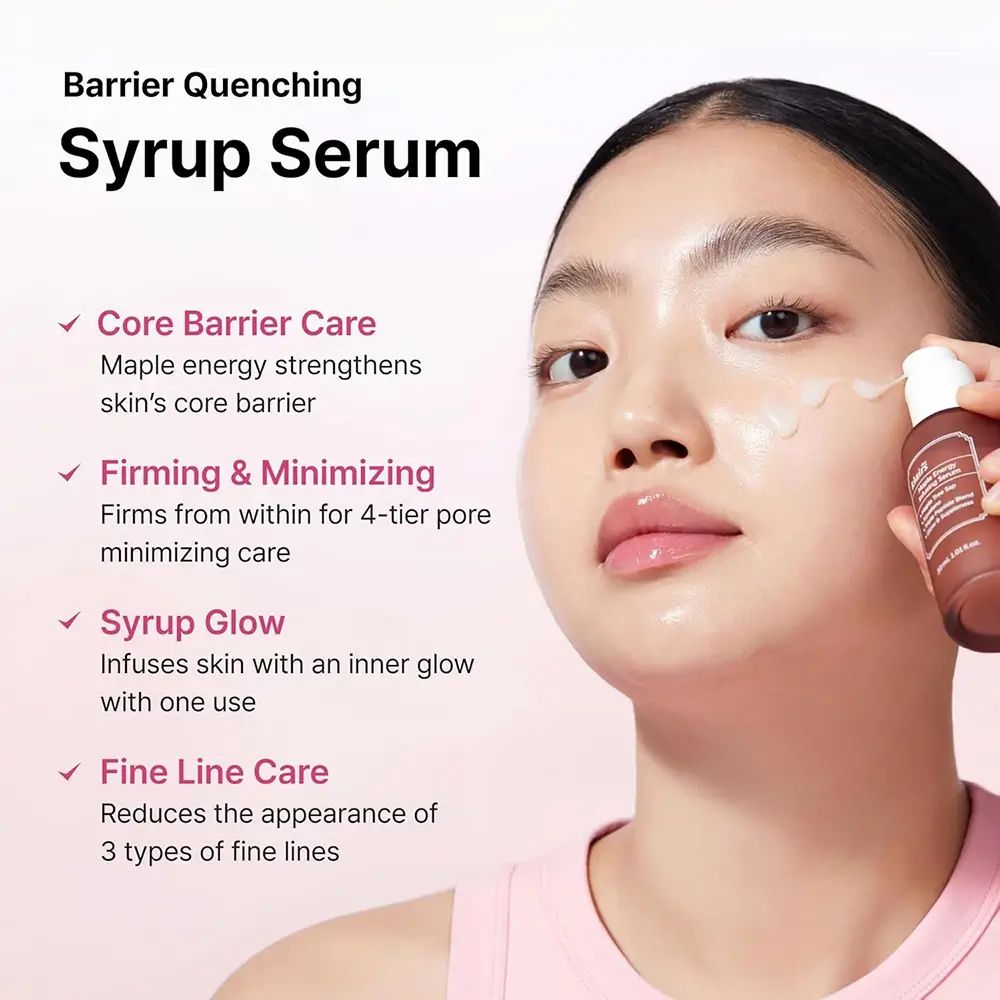 Vrouw houdt een bruine fles vast. Tekst: Core Barrier Care, Firming & Minimizing, Syrup Glow, Fine Line Care.