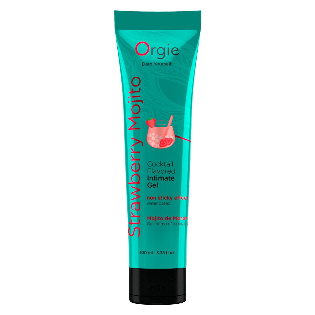 Gel lubrifiant à base d'eau saveur Mojito Fraise dans un tube turquoise.