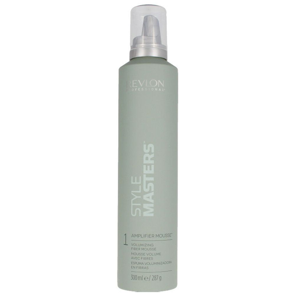 Groene fles met sproeikop. Opschrift: Revlon Professional, Style Masters, Amplifier Mousse. Volume: 300ml.