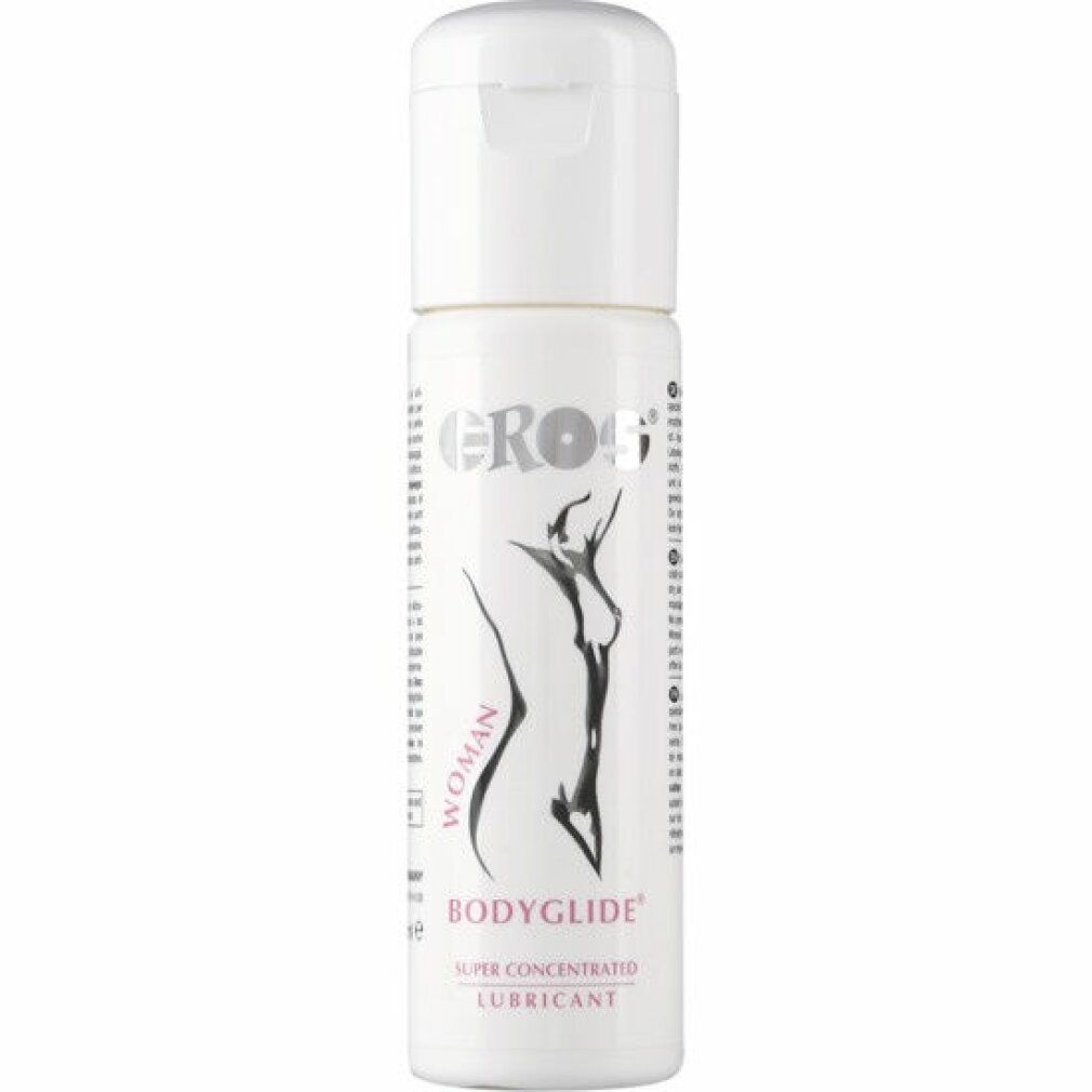 Witte fles met klapdeksel. Opschrift: EROS, BODYGLIDE, WOMAN, afbeelding van een vrouw. Productnaam en verdere informatie.