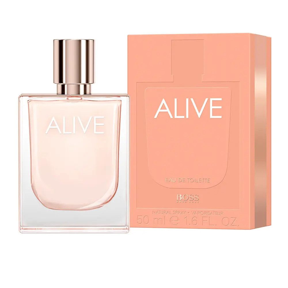 Flacon et emballage Alive E.d.T. Nat. Spray. Flacon carré, liquide rose. Emballage rose, inscription Alive.