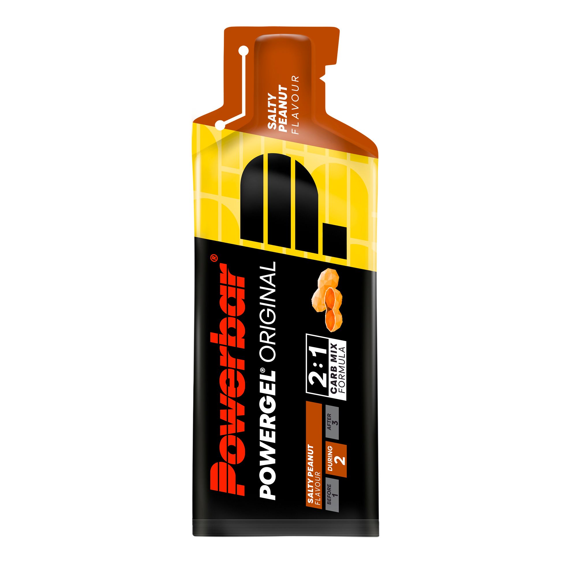 Individuele PowerBar PowerGel Original Salty Peanut verpakking met 2:1 koolhydraatmix formule.