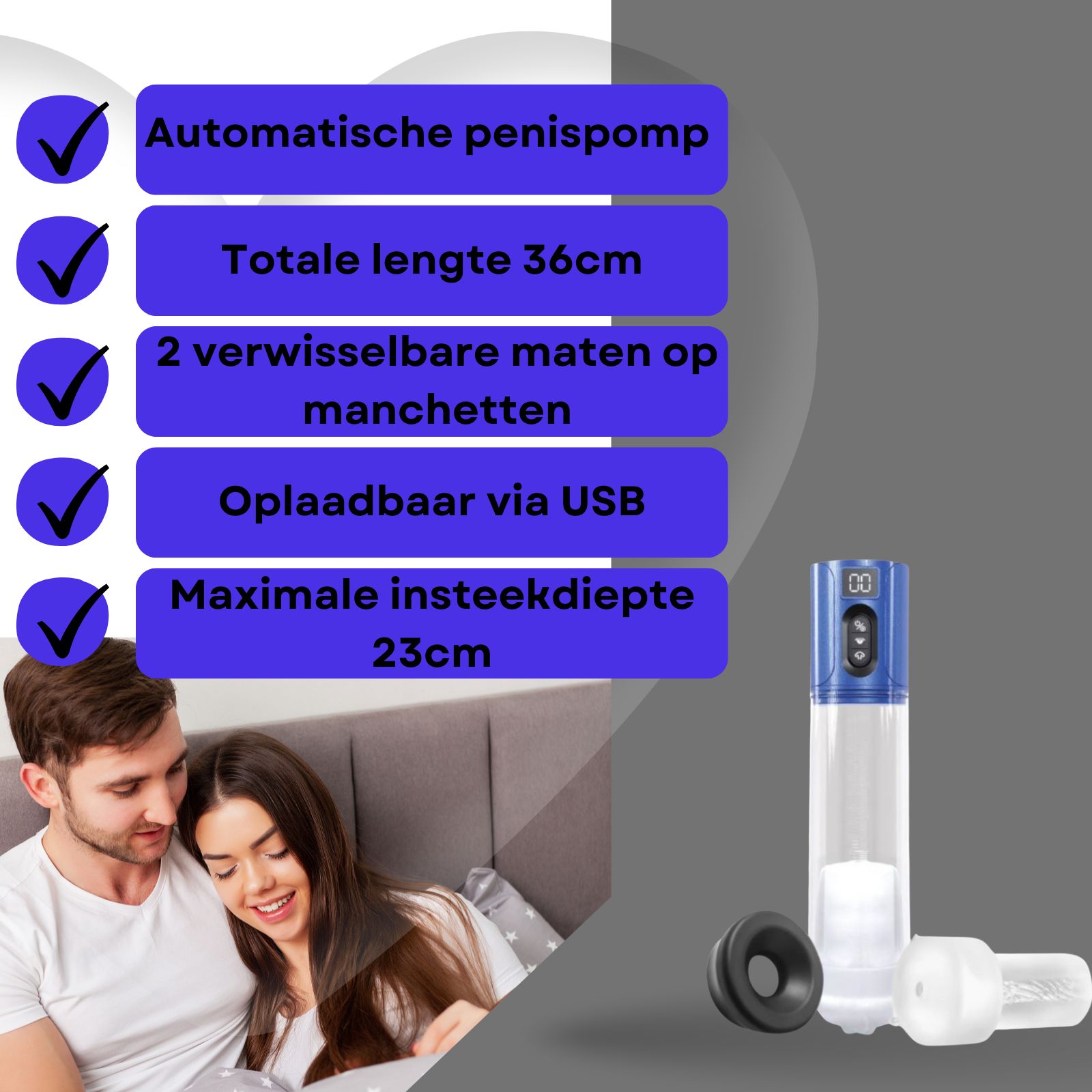 Elektrische penis pomp met blauw bedieningspaneel, accessoires en tekst. Totale lengte 36cm, max diepte 23cm.
