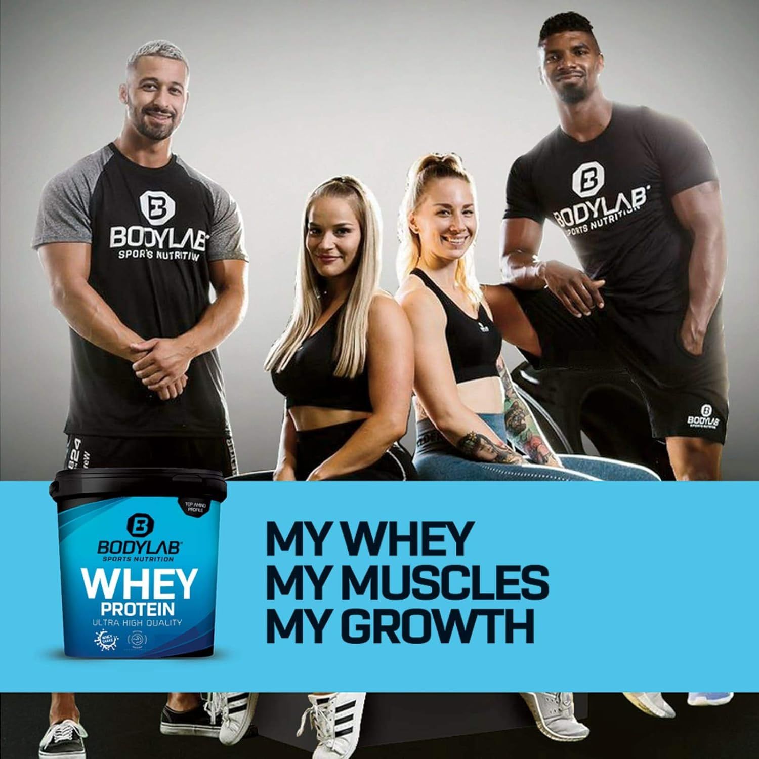 Bodylab24 Whey Protein pot met atleten en de slogan 'My Whey, My Muscles, My Growth'.