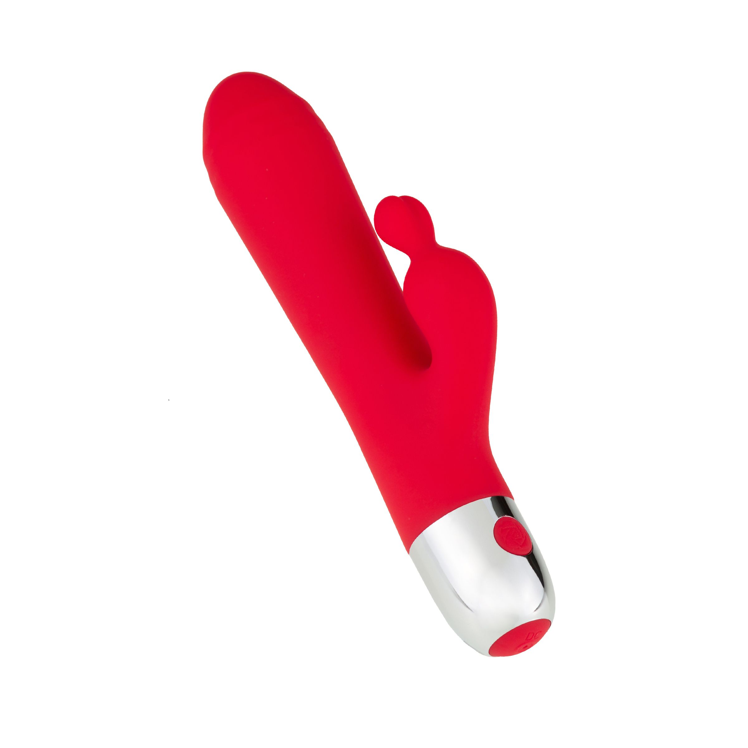 Vibrateur rouge avec embout incurvé et extrémité argentée. Un bouton. En silicone.