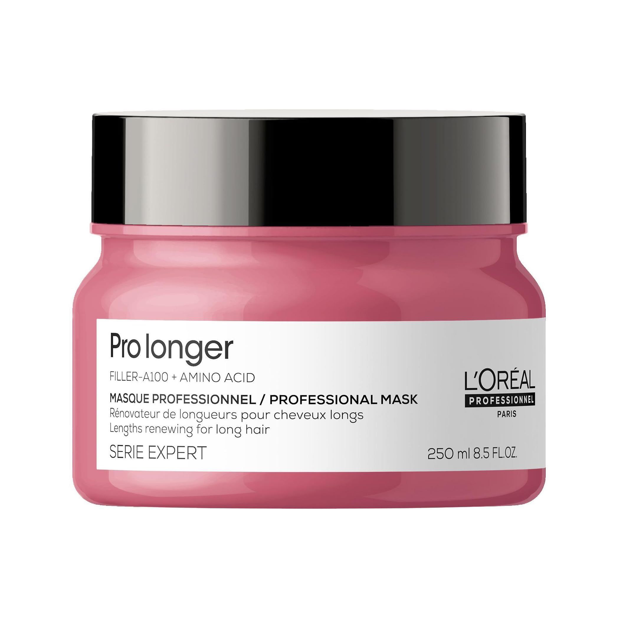 Roze pot met zwarte deksel. Opschrift: Prolonger, L'Oréal Professionnel, Masque Professionnel, Serie Expert.