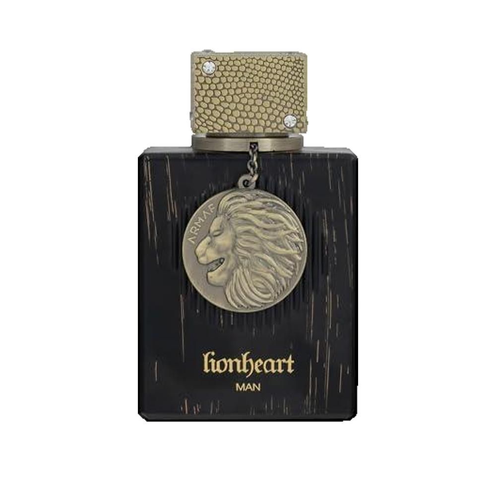 Parfumfles met zwart houtnerfdesign. Een hanger met leeuwenkop en de tekst "Armaf". De dop is goudkleurig.