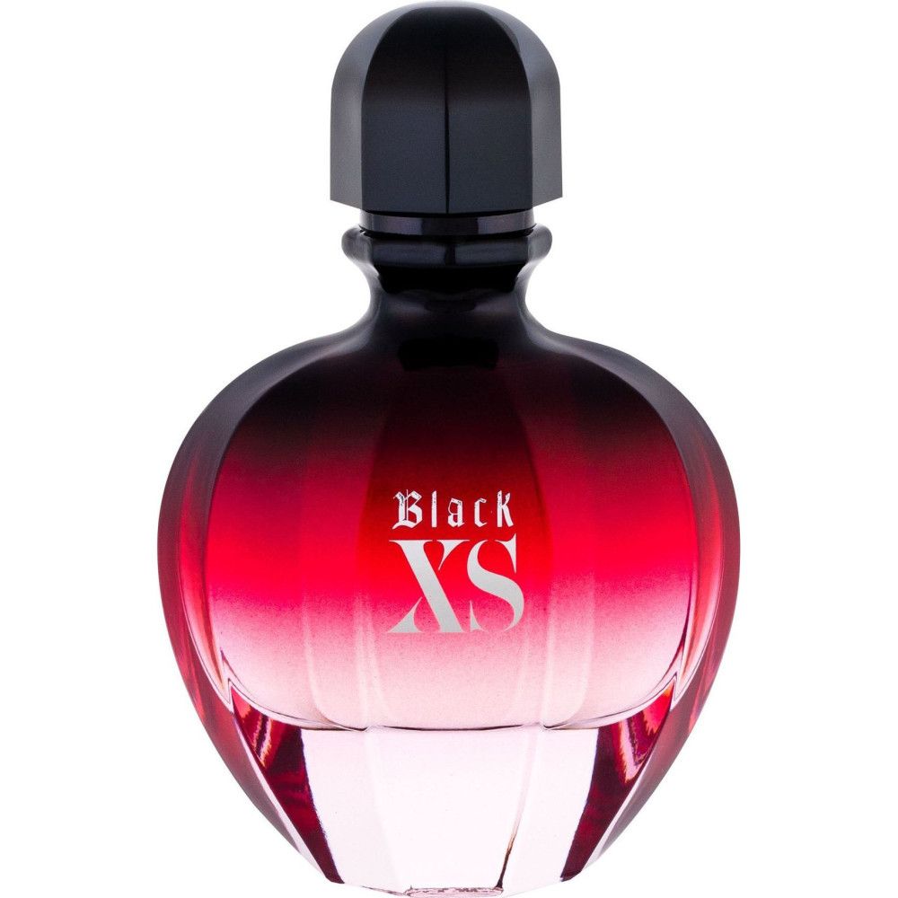 Flacon de parfum dégradé rouge et bouchon noir. Inscription Black XS.
